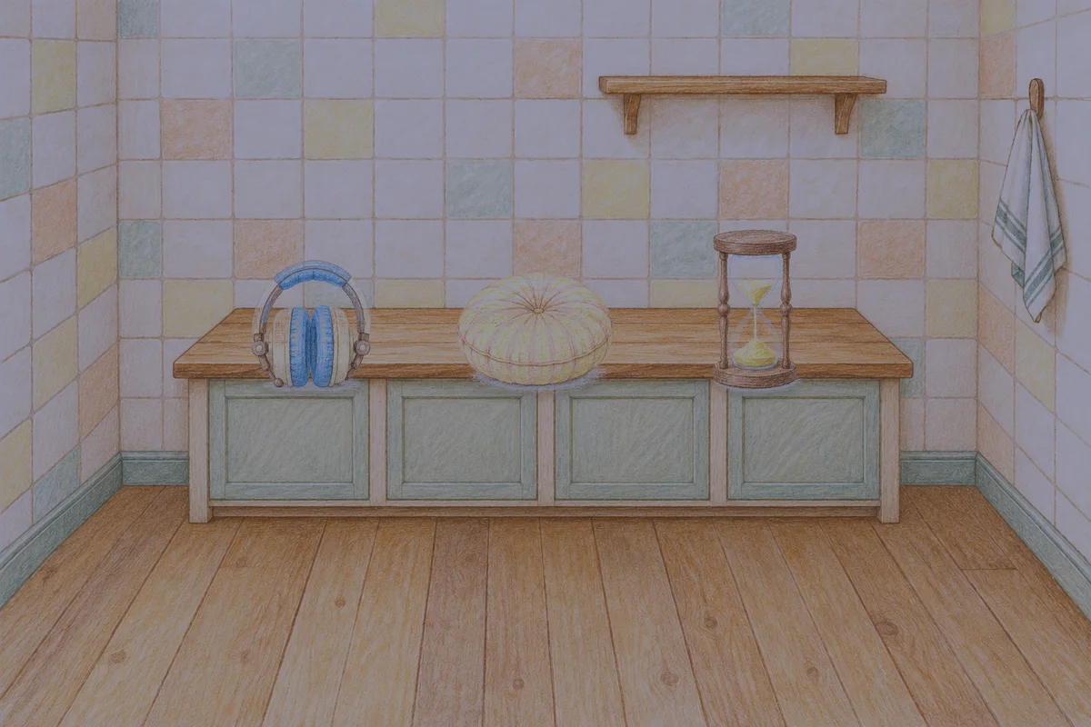 상일동 여성전용 경락 가격 안내 그림, 밤의 부엌 나무 조리대 위에 놓인 헤드폰, 둥근 쿠션, 모래시계