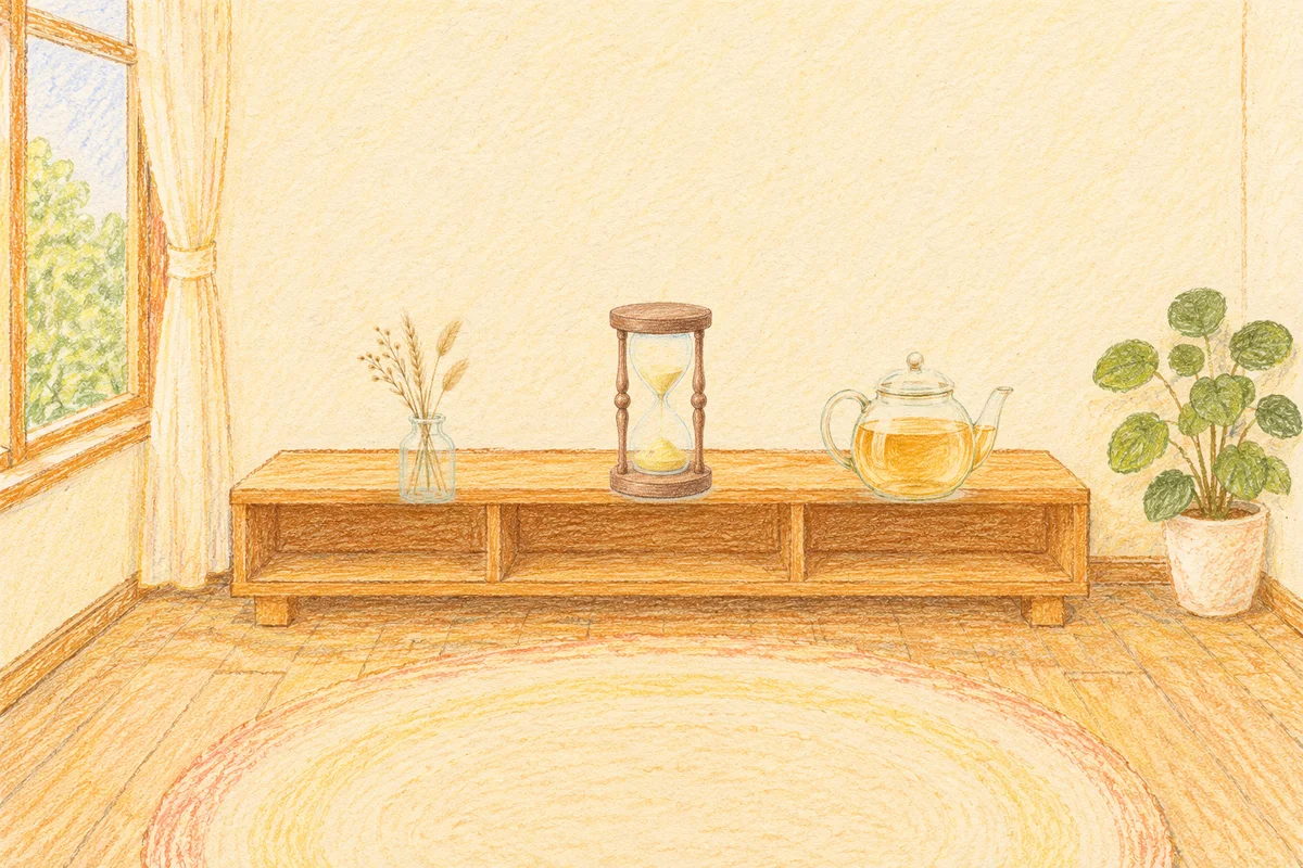 상일동 여성전용 경락 추천 안내 그림, 낮의 창가 낮은 선반 위에 놓인 마른 풀을 꽂은 항아리, 모래시계, 유리 티포트