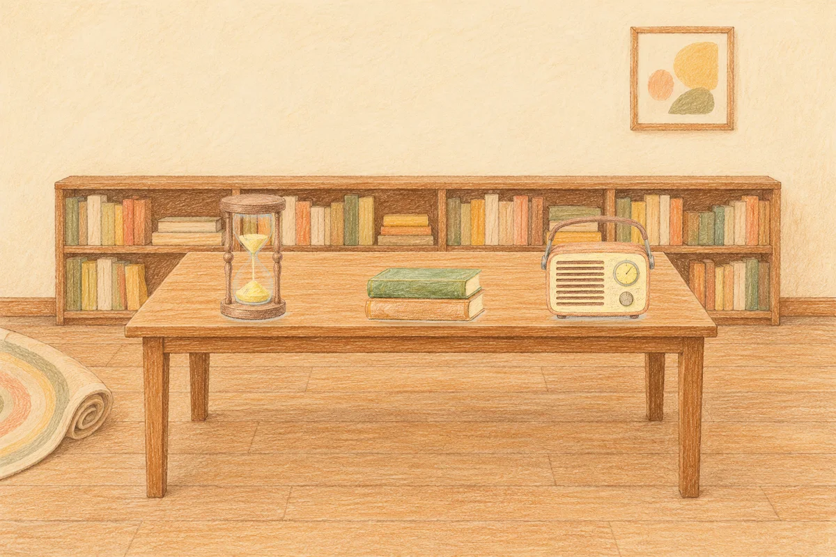 상일동 여성전용 홈케어 안내 그림, 낮의 서재 긴 책상 위에 놓인 모래시계, 책 두 권, 작은 라디오