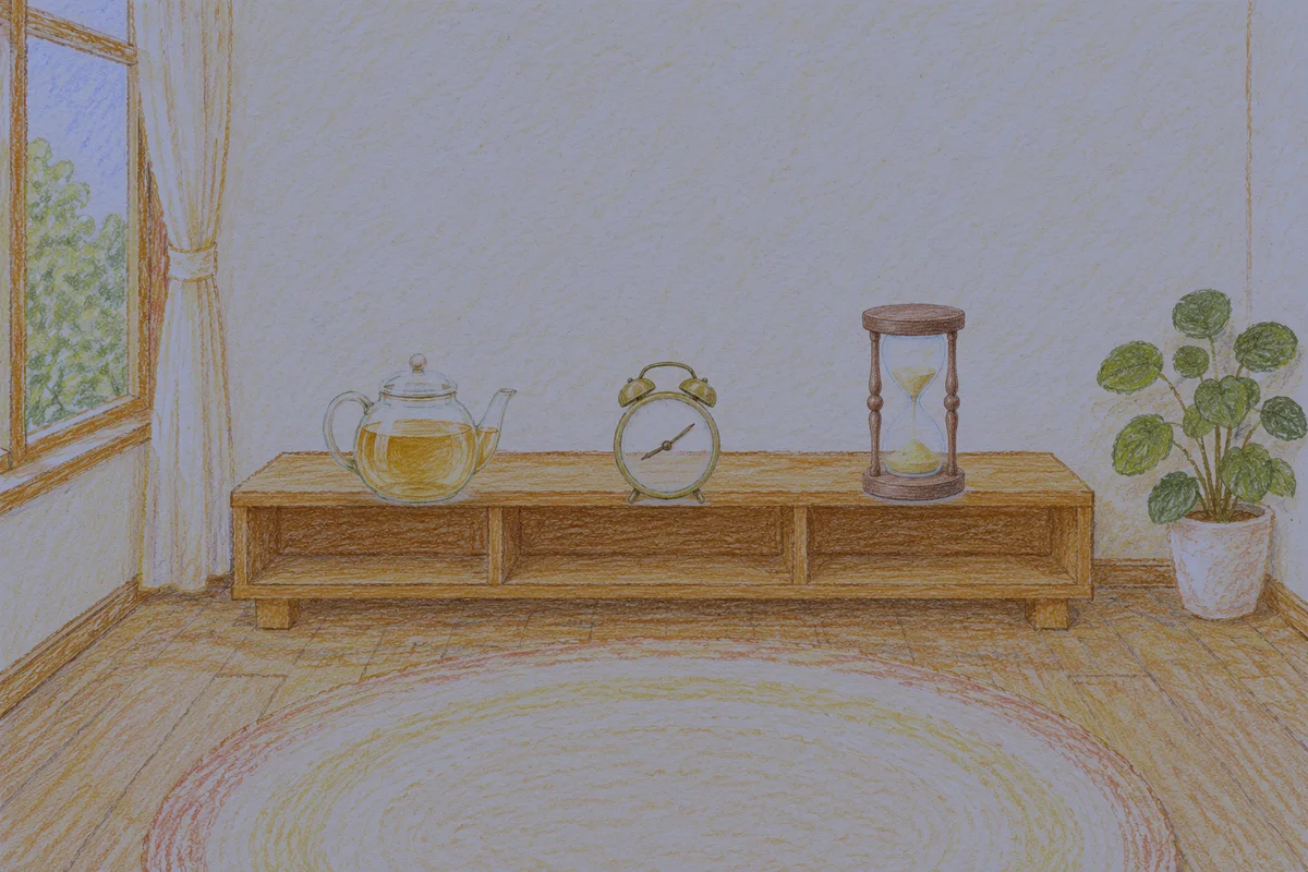 상일동 여성전용 방문 마사지 안내 그림, 밤의 창가 낮은 선반 위에 놓인 유리 티포트, 둥근 알람시계, 모래시계
