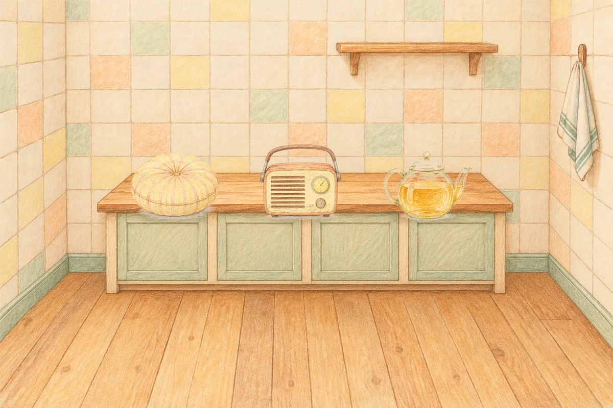 상일동 여성전용 홈케어 서비스 안내 그림, 낮의 부엌 나무 조리대 위에 놓인 둥근 쿠션, 작은 라디오, 유리 티포트