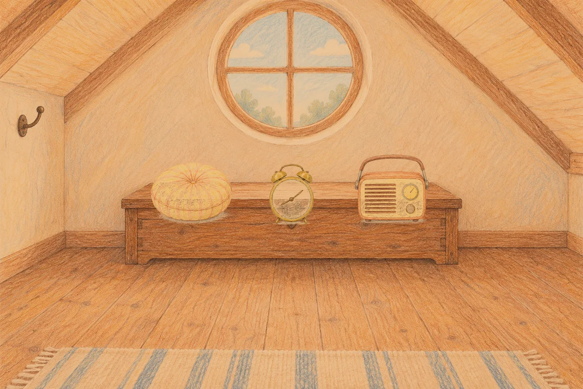 상일동 여성전용 방문 홈케어 안내 그림, 저녁의 다락방 나무 궤짝 위에 놓인 둥근 쿠션, 둥근 알람시계, 작은 라디오