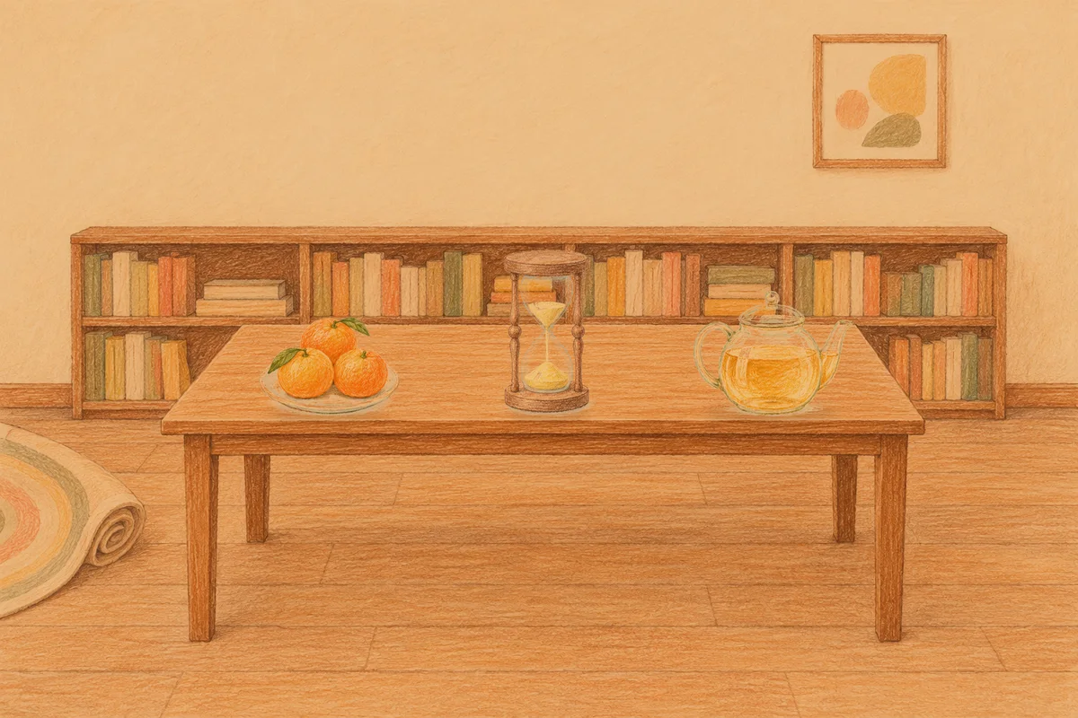 상일동 여성전용 1인샵 안내 그림, 저녁의 서재 긴 책상 위에 놓인 귤이 담긴 접시, 모래시계, 유리 티포트