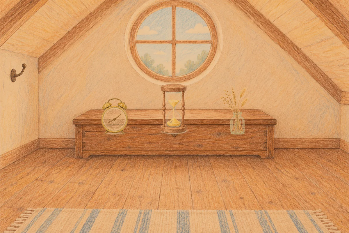 상일동 여성전용 프라이빗 케어 안내 그림, 저녁의 다락방 나무 궤짝 위에 놓인 둥근 알람시계, 모래시계, 마른 풀을 꽂은 항아리