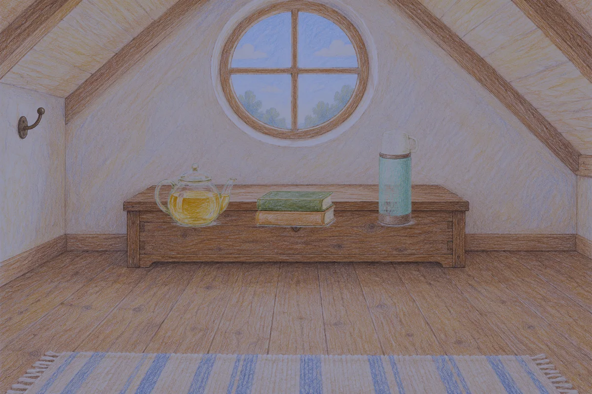 상일동 여성전용 발 부종 케어 안내 그림, 밤의 다락방 나무 궤짝 위에 놓인 유리 티포트, 책 두 권, 보온병
