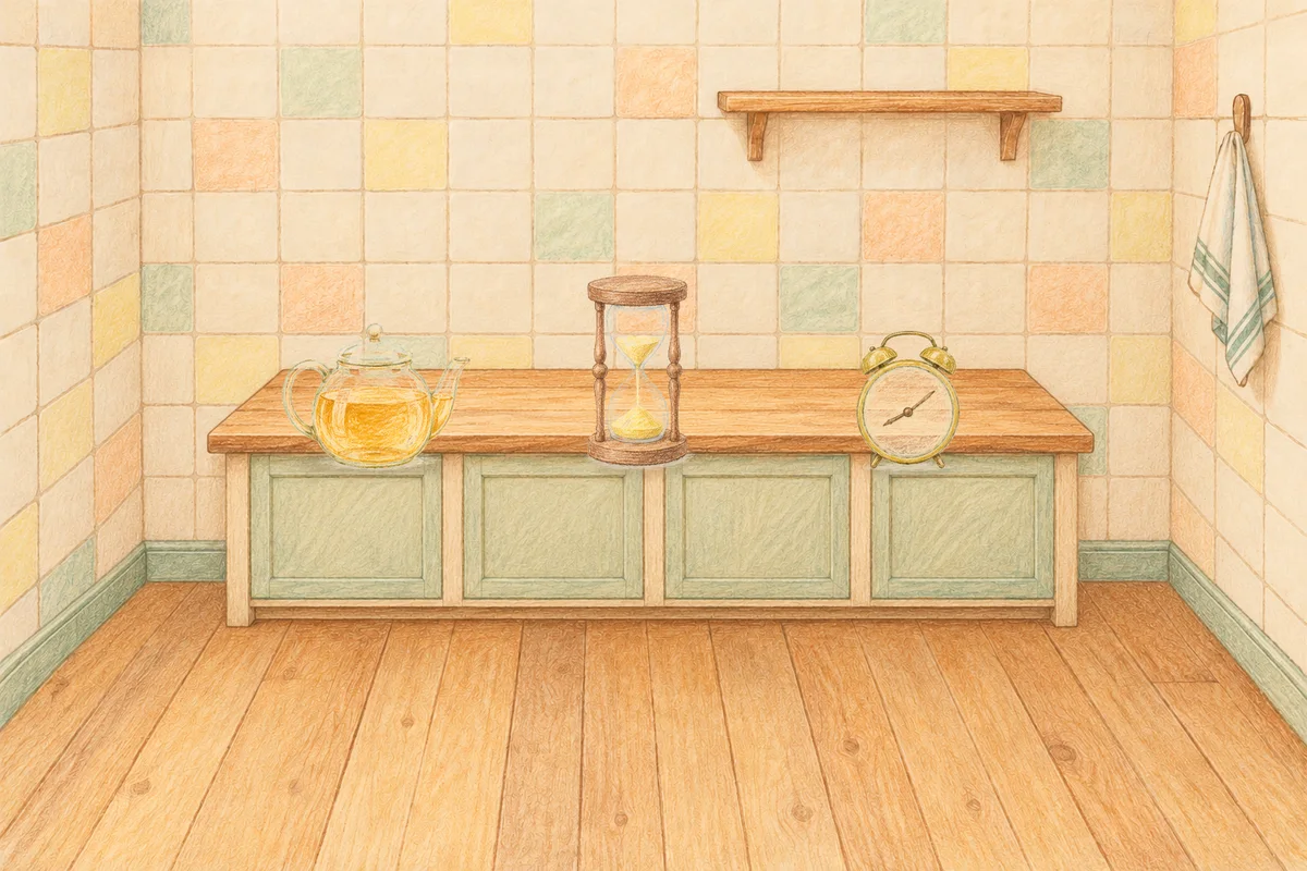상일동 여성전용 발관리 후기 안내 그림, 낮의 부엌 나무 조리대 위에 놓인 유리 티포트, 모래시계, 둥근 알람시계