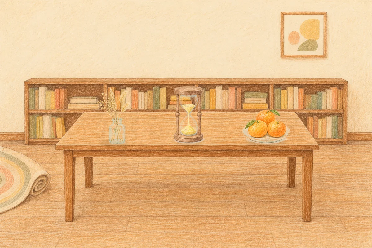 상일동 여성전용 발관리 추천 안내 그림, 낮의 서재 긴 책상 위에 놓인 마른 풀을 꽂은 항아리, 모래시계, 귤이 담긴 접시