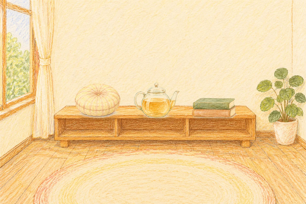 상일동 여성전용 림프 마사지 안내 그림, 낮의 창가 낮은 선반 위에 놓인 둥근 쿠션, 유리 티포트, 책 두 권