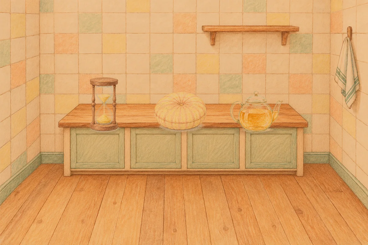 상일동 여성전용 슬리밍 마사지 안내 그림, 저녁의 부엌 나무 조리대 위에 놓인 모래시계, 둥근 쿠션, 유리 티포트