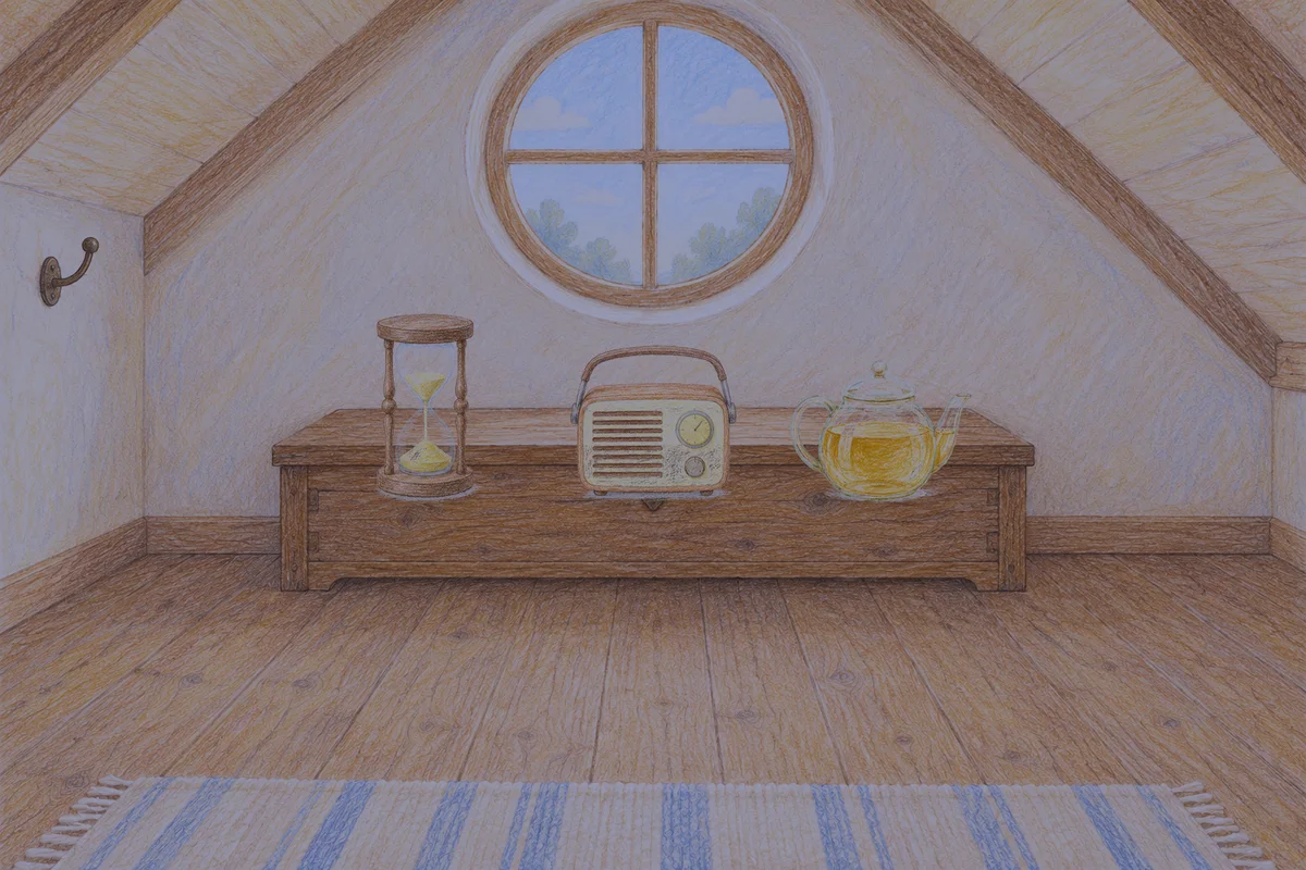 상일동 여성전용 디톡스 마사지 안내 그림, 밤의 다락방 나무 궤짝 위에 놓인 모래시계, 작은 라디오, 유리 티포트