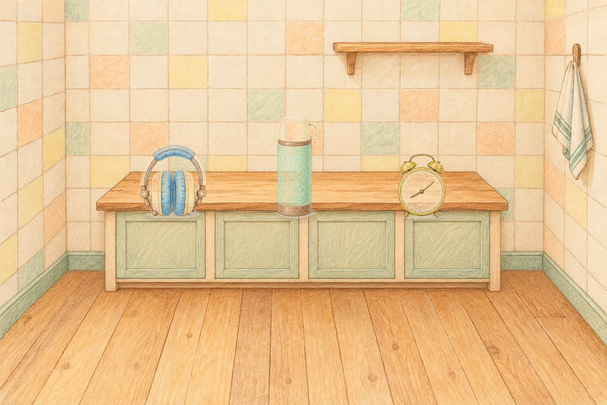 상일동 여성전용 다이어트 마사지 안내 그림, 낮의 부엌 나무 조리대 위에 놓인 헤드폰, 보온병, 둥근 알람시계