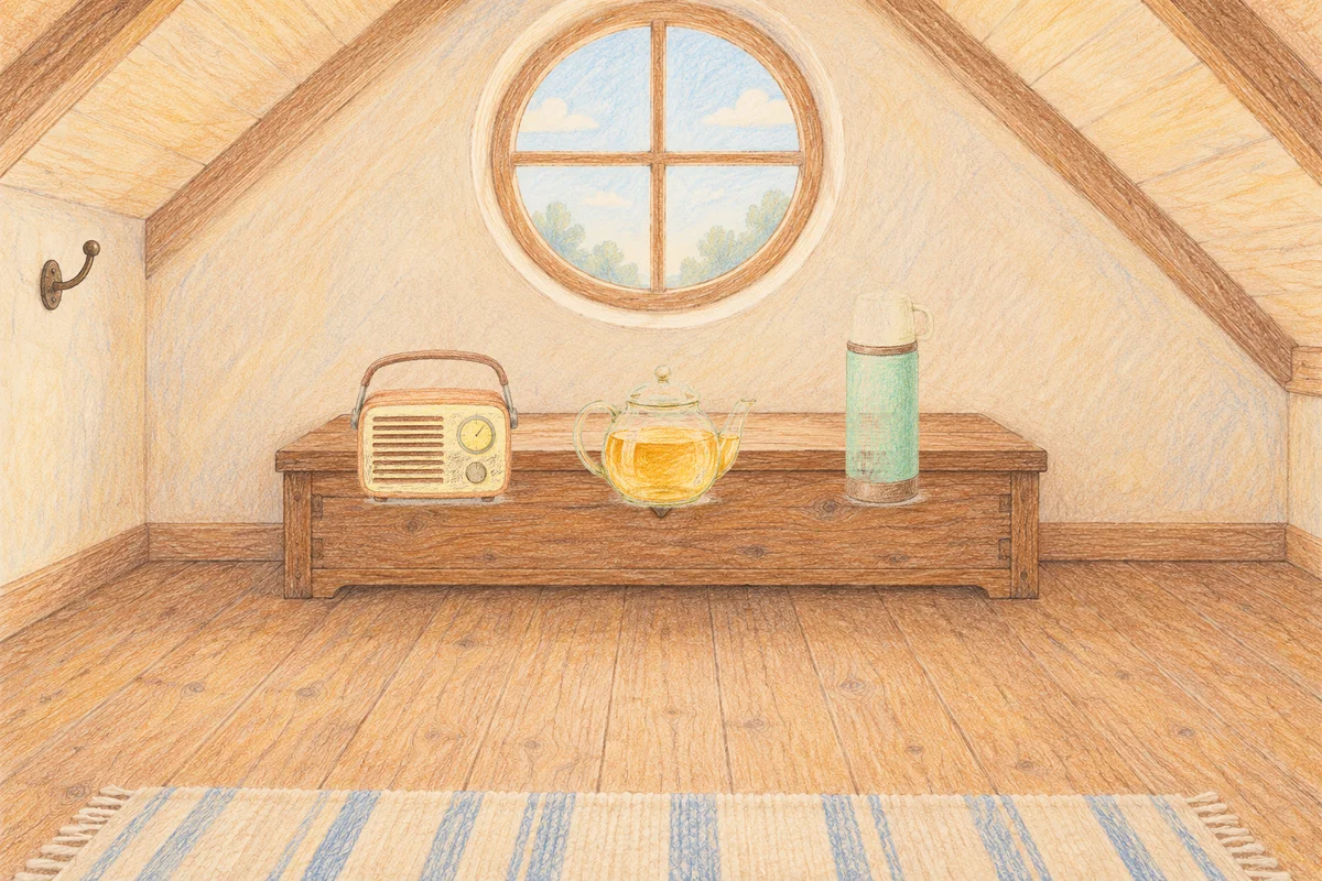 상일동 여성전용 등 마사지 안내 그림, 낮의 다락방 나무 궤짝 위에 놓인 작은 라디오, 유리 티포트, 보온병