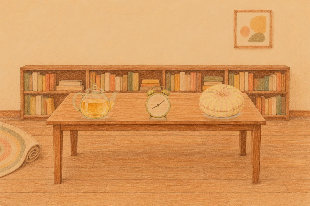 상일동 여성전용 어깨 마사지 안내 그림, 저녁의 서재 긴 책상 위에 놓인 유리 티포트, 둥근 알람시계, 둥근 쿠션