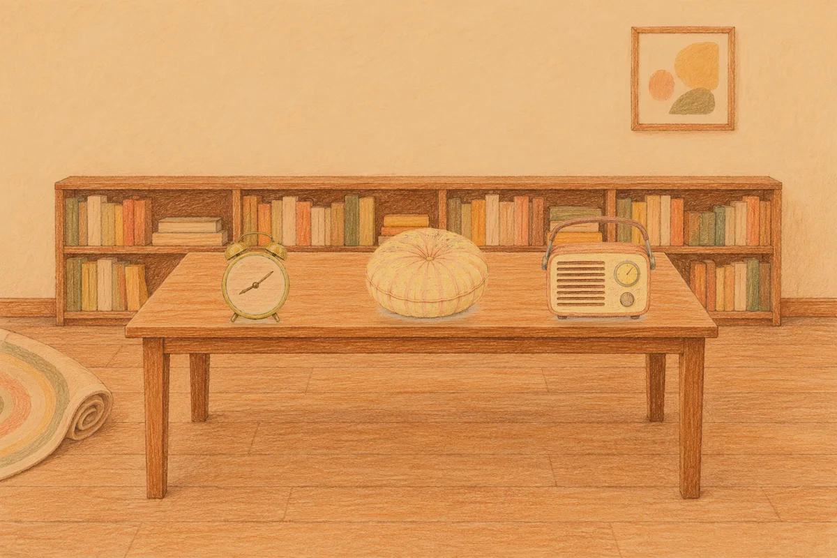 상일동 여성전용 목 어깨 케어 안내 그림, 저녁의 서재 긴 책상 위에 놓인 둥근 알람시계, 둥근 쿠션, 작은 라디오