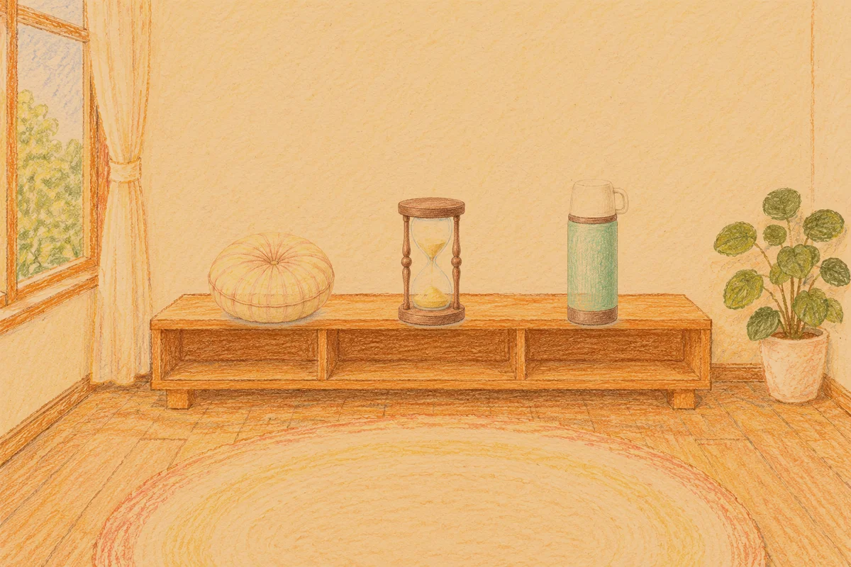 상일동 여성전용 수면 케어 안내 그림, 저녁의 창가 낮은 선반 위에 놓인 둥근 쿠션, 모래시계, 보온병