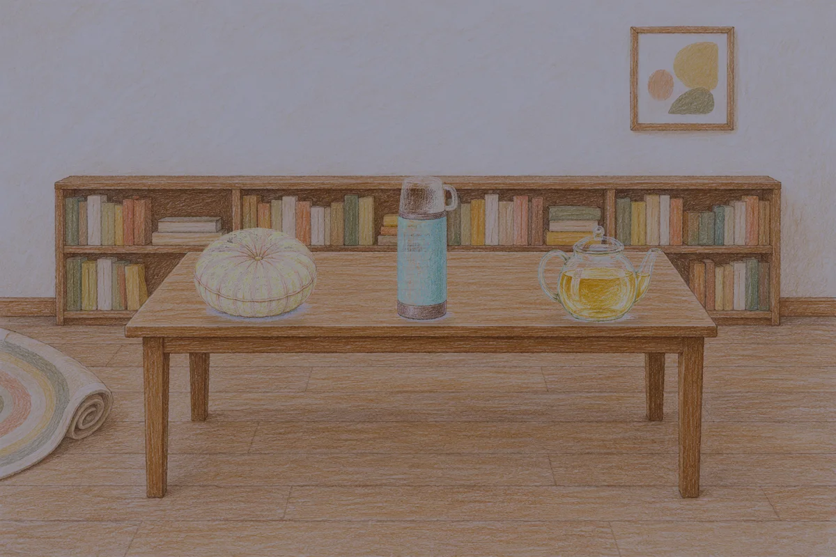 상일동 여성전용 브라이덜 케어 안내 그림, 밤의 서재 긴 책상 위에 놓인 둥근 쿠션, 보온병, 유리 티포트