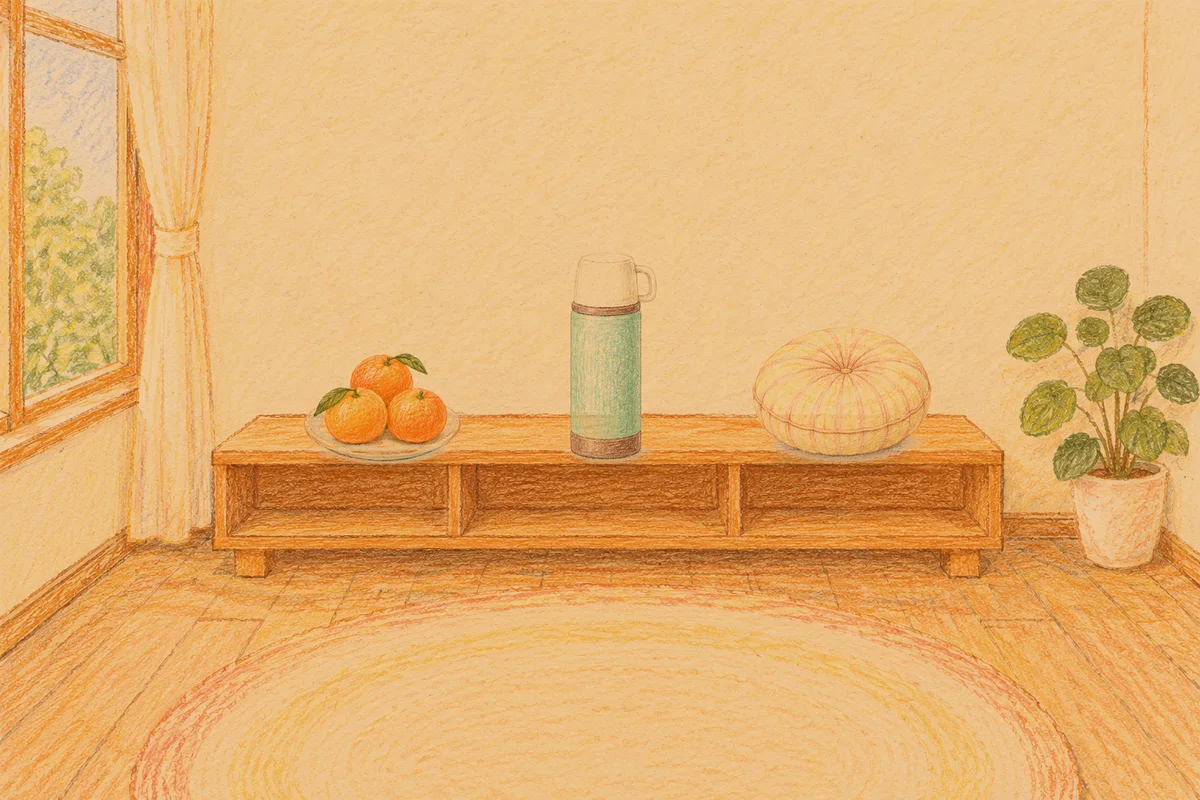 상일동 여성전용 샵 마사지 안내 그림, 저녁의 창가 낮은 선반 위에 놓인 귤이 담긴 접시, 보온병, 둥근 쿠션
