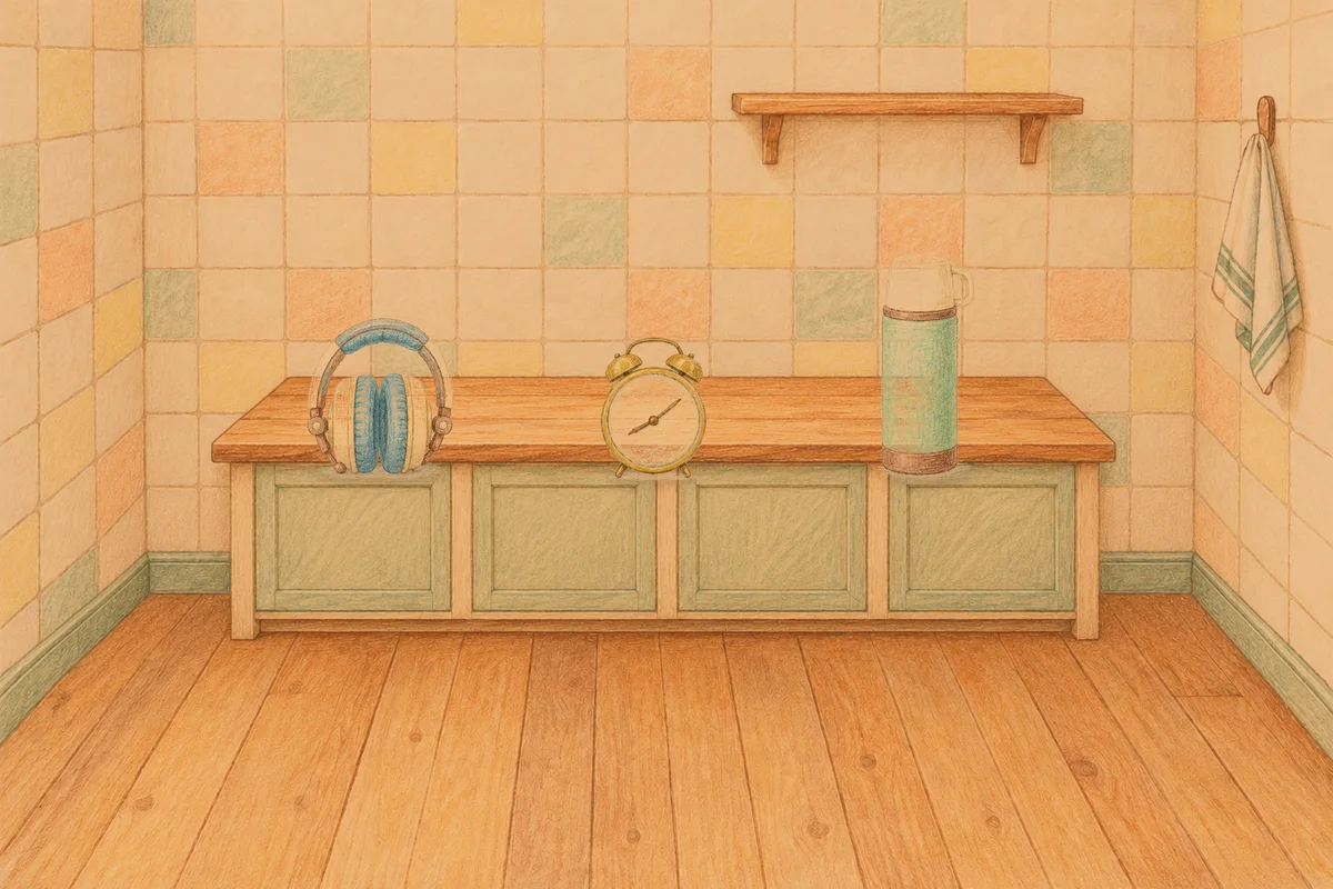 상일동 여성전용 예약 마사지 안내 그림, 저녁의 부엌 나무 조리대 위에 놓인 헤드폰, 둥근 알람시계, 보온병