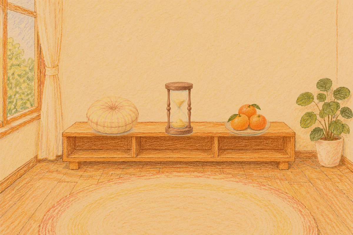 상일동 여성전용 가격 마사지 안내 그림, 저녁의 창가 낮은 선반 위에 놓인 둥근 쿠션, 모래시계, 귤이 담긴 접시