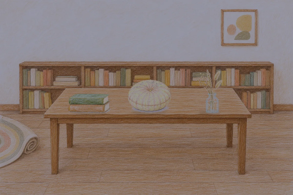 상일동 여성전용 추천 마사지 안내 그림, 밤의 서재 긴 책상 위에 놓인 책 두 권, 둥근 쿠션, 마른 풀을 꽂은 항아리