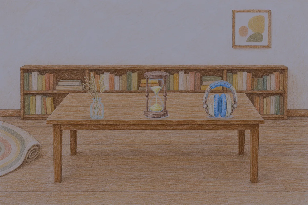 상일동 여성전용 출장 마사지 안내 그림, 밤의 서재 긴 책상 위에 놓인 마른 풀을 꽂은 항아리, 모래시계, 헤드폰
