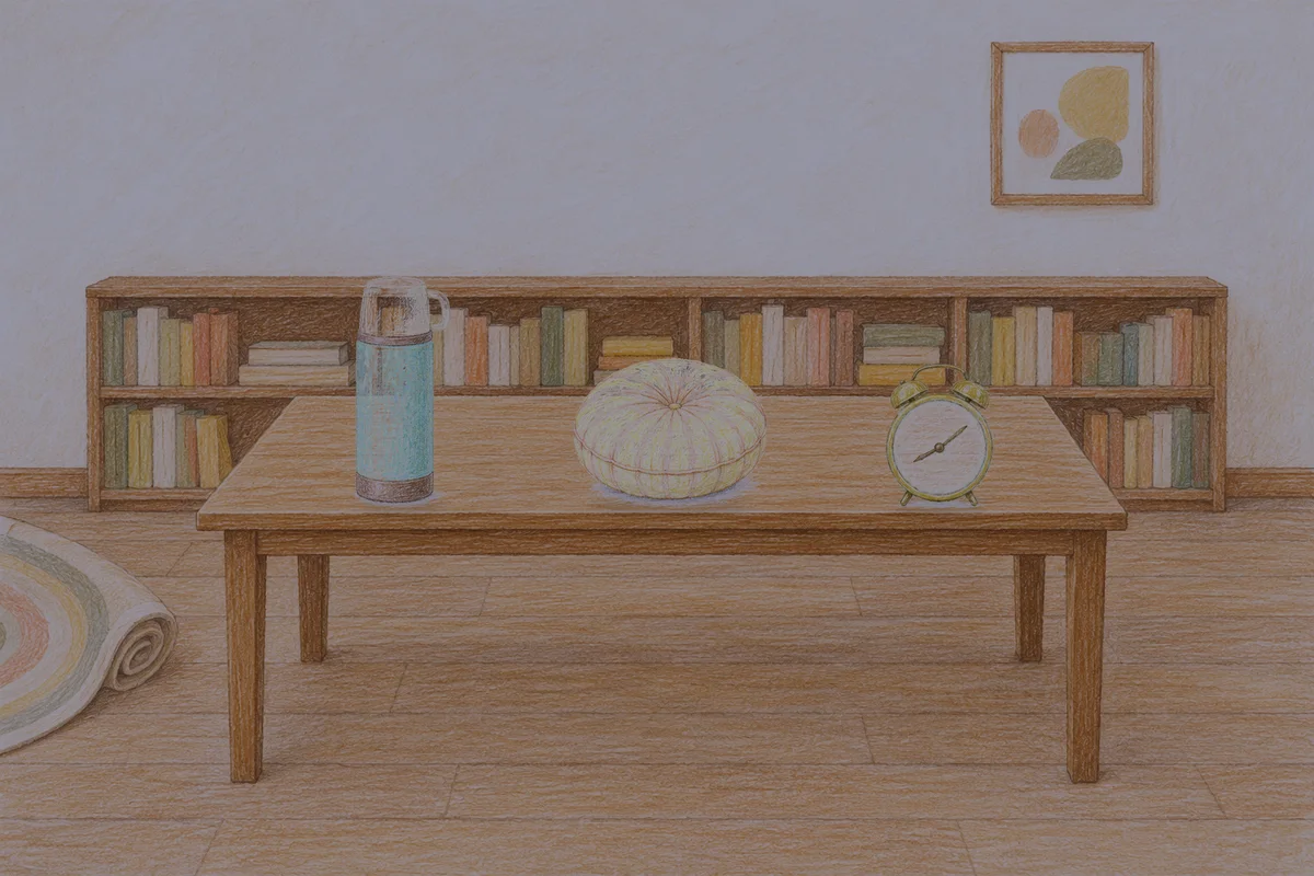 상일동 여성전용 출장 마사지 후기 안내 그림, 밤의 서재 긴 책상 위에 놓인 보온병, 둥근 쿠션, 둥근 알람시계