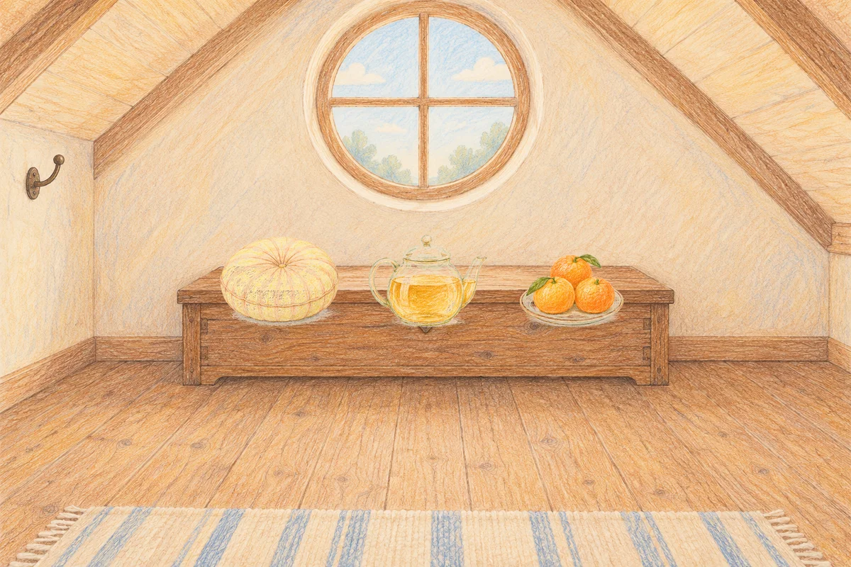 강일동 여성전용 라벤더 아로마 안내 그림, 낮의 다락방 나무 궤짝 위에 놓인 둥근 쿠션, 유리 티포트, 귤이 담긴 접시