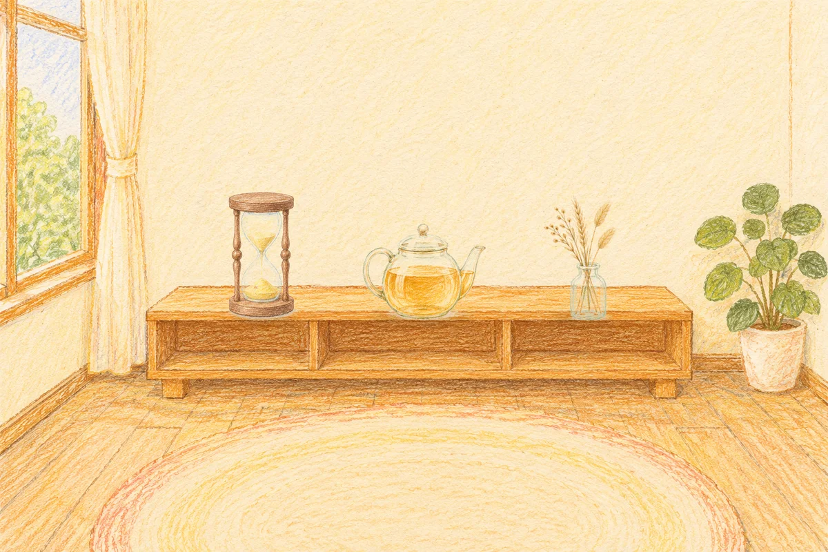 강일동 여성전용 아로마 마사지 후기 안내 그림, 낮의 창가 낮은 선반 위에 놓인 모래시계, 유리 티포트, 마른 풀을 꽂은 항아리