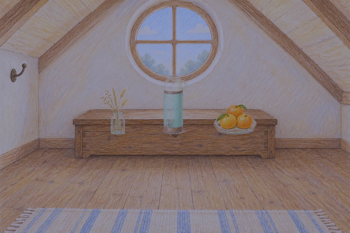강일동 여성전용 스웨디시 가격 안내 그림, 밤의 다락방 나무 궤짝 위에 놓인 마른 풀을 꽂은 항아리, 보온병, 귤이 담긴 접시
