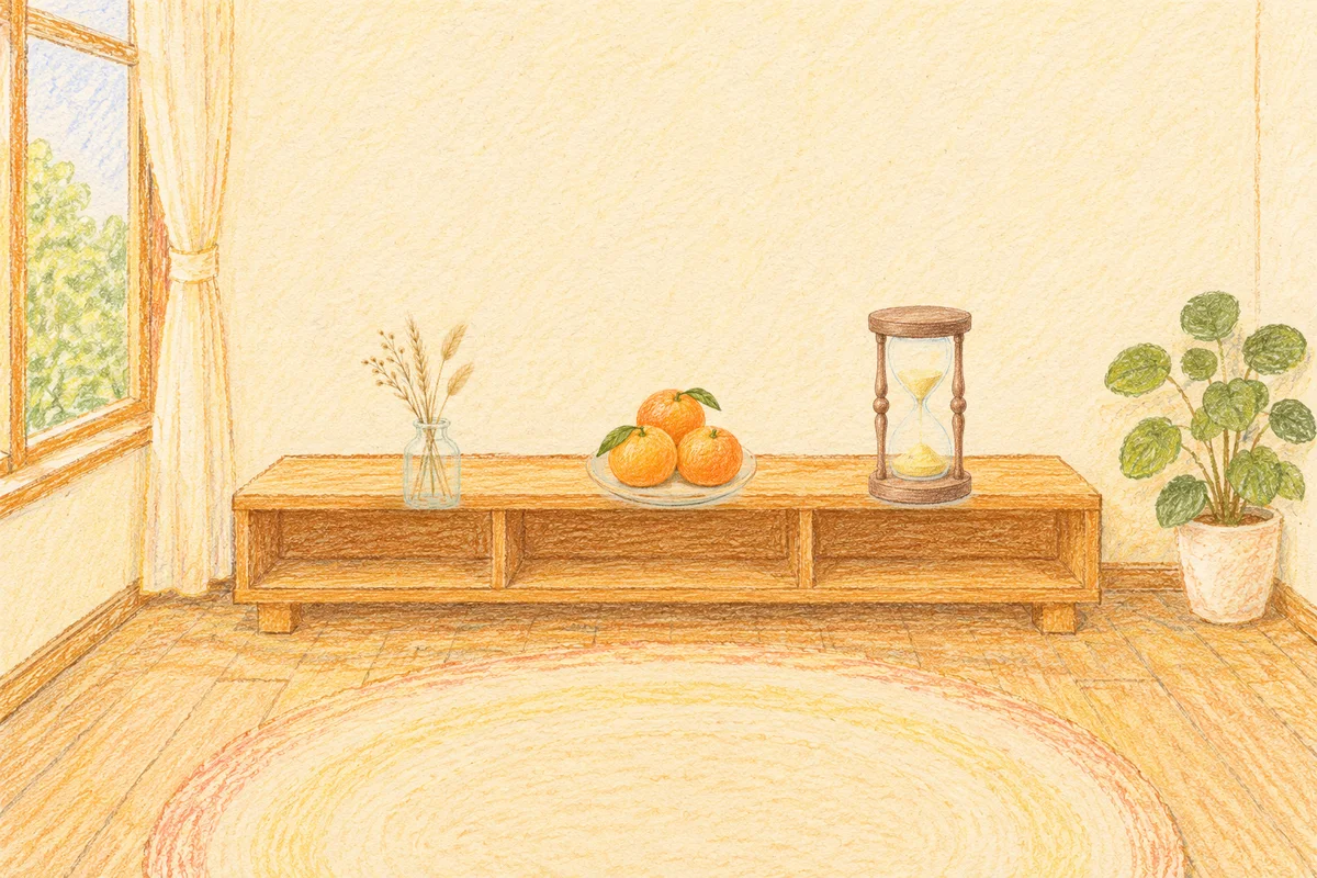 강일동 여성전용 경락 마사지 안내 그림, 낮의 창가 낮은 선반 위에 놓인 마른 풀을 꽂은 항아리, 귤이 담긴 접시, 모래시계