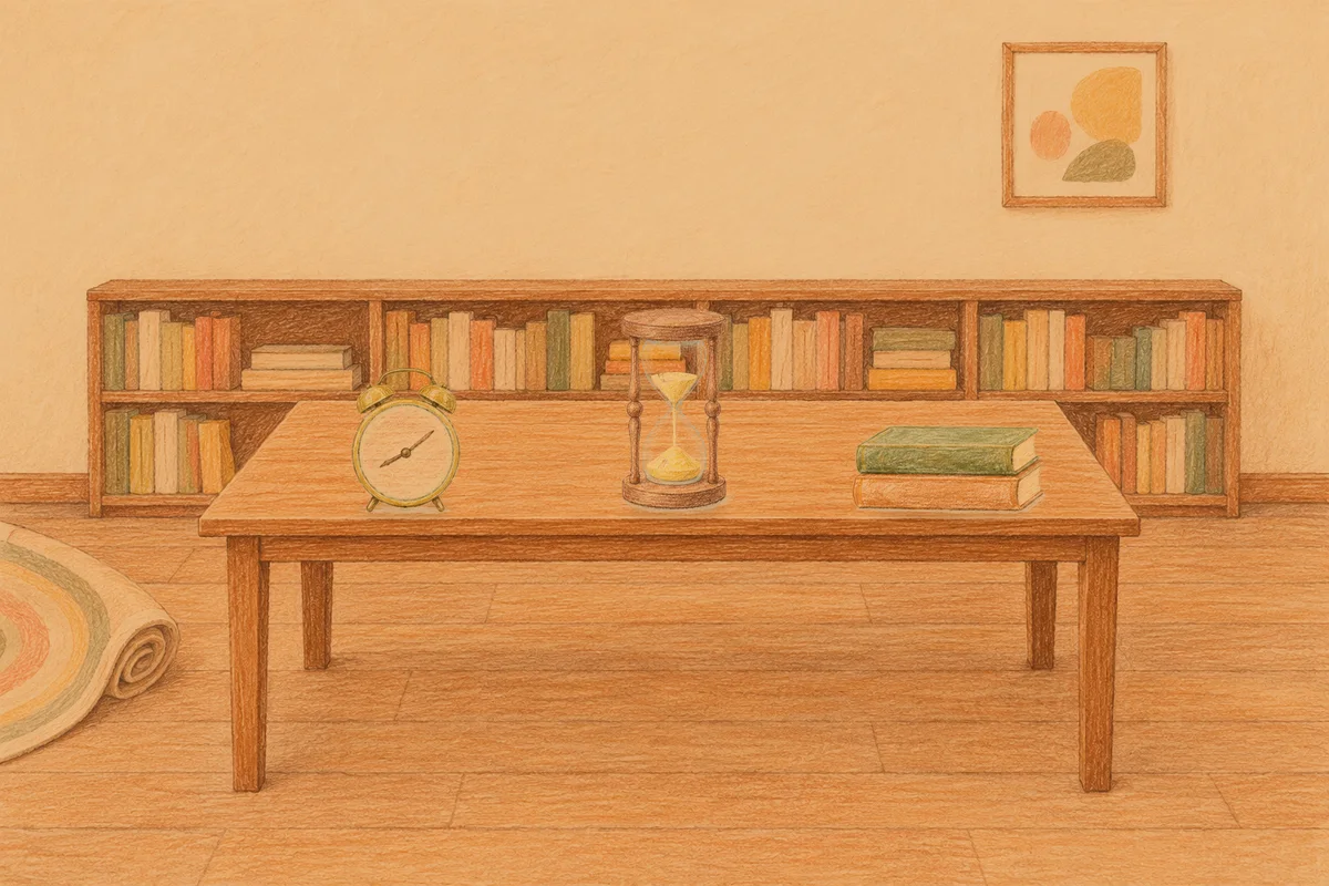 강일동 여성전용 경락 가격 안내 그림, 저녁의 서재 긴 책상 위에 놓인 둥근 알람시계, 모래시계, 책 두 권