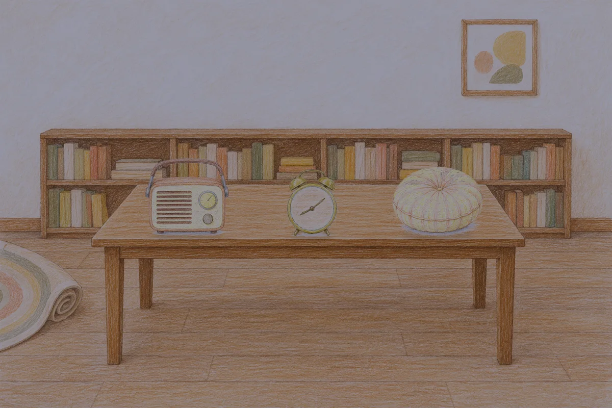 강일동 여성전용 홈케어 안내 그림, 밤의 서재 긴 책상 위에 놓인 작은 라디오, 둥근 알람시계, 둥근 쿠션