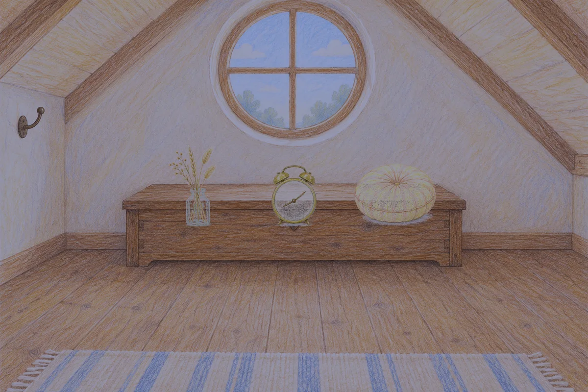 강일동 여성전용 프라이빗 케어 안내 그림, 밤의 다락방 나무 궤짝 위에 놓인 마른 풀을 꽂은 항아리, 둥근 알람시계, 둥근 쿠션