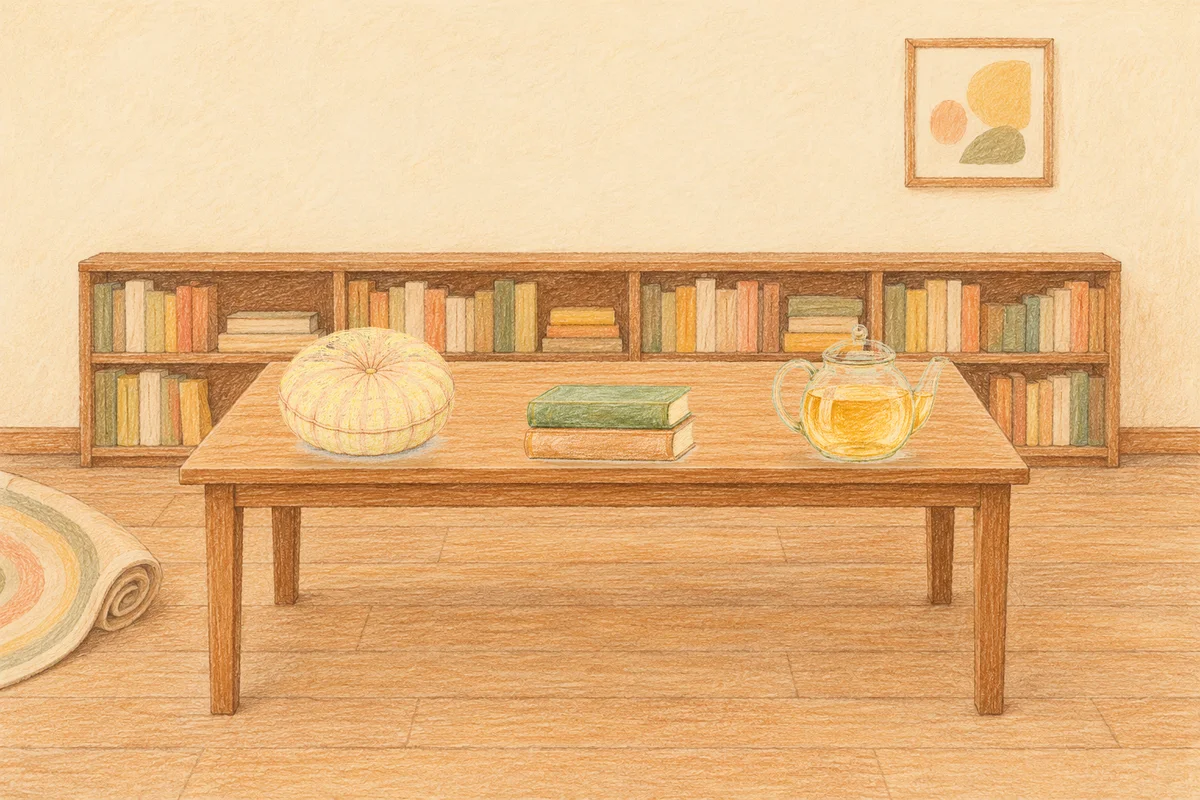 강일동 여성전용 홈케어 후기 안내 그림, 낮의 서재 긴 책상 위에 놓인 둥근 쿠션, 책 두 권, 유리 티포트
