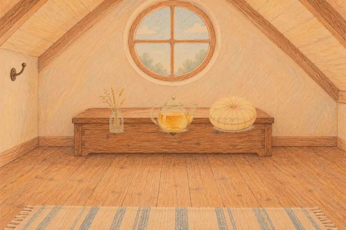 강일동 여성전용 발 케어 안내 그림, 저녁의 다락방 나무 궤짝 위에 놓인 마른 풀을 꽂은 항아리, 유리 티포트, 둥근 쿠션