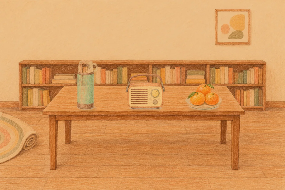 강일동 여성전용 림프 마사지 안내 그림, 저녁의 서재 긴 책상 위에 놓인 보온병, 작은 라디오, 귤이 담긴 접시