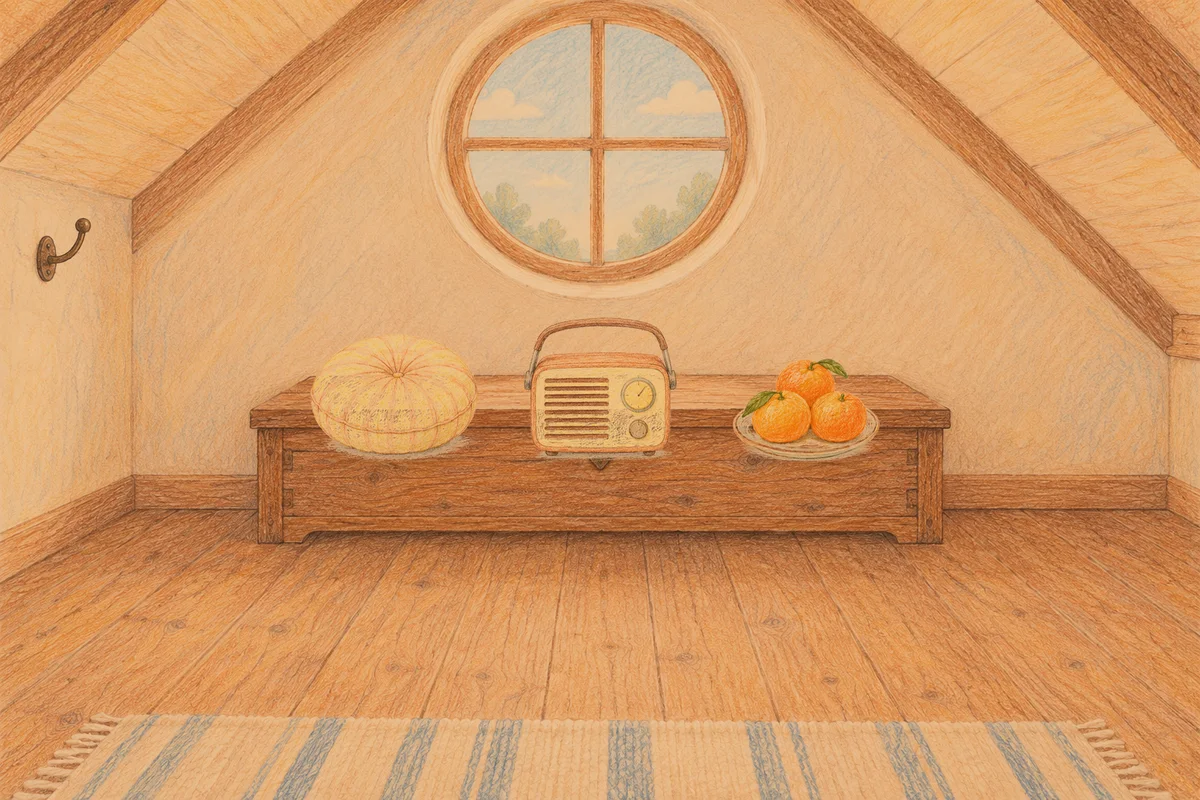 강일동 여성전용 바디 케어 안내 그림, 저녁의 다락방 나무 궤짝 위에 놓인 둥근 쿠션, 작은 라디오, 귤이 담긴 접시