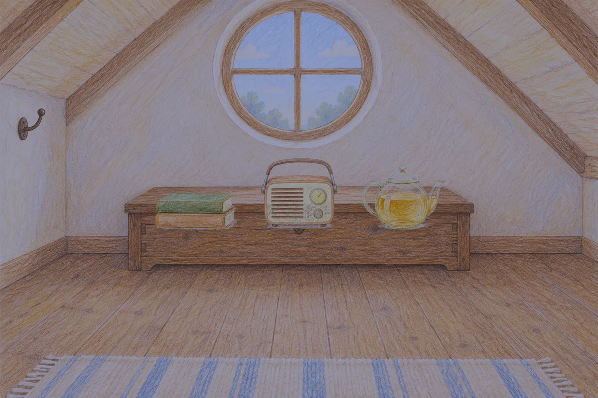 강일동 여성전용 슬리밍 마사지 안내 그림, 밤의 다락방 나무 궤짝 위에 놓인 책 두 권, 작은 라디오, 유리 티포트