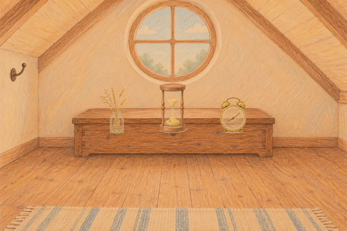 강일동 여성전용 목 어깨 케어 안내 그림, 저녁의 다락방 나무 궤짝 위에 놓인 마른 풀을 꽂은 항아리, 모래시계, 둥근 알람시계