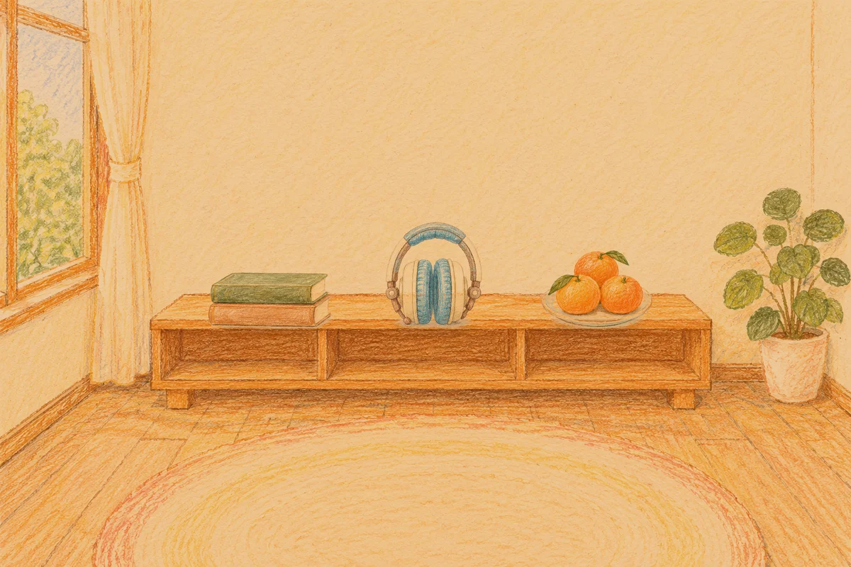 강일동 여성전용 림프 페이셜 안내 그림, 저녁의 창가 낮은 선반 위에 놓인 책 두 권, 헤드폰, 귤이 담긴 접시
