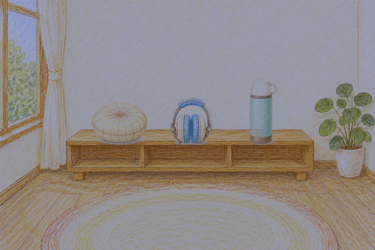 강일동 여성전용 브라이덜 케어 안내 그림, 밤의 창가 낮은 선반 위에 놓인 둥근 쿠션, 헤드폰, 보온병