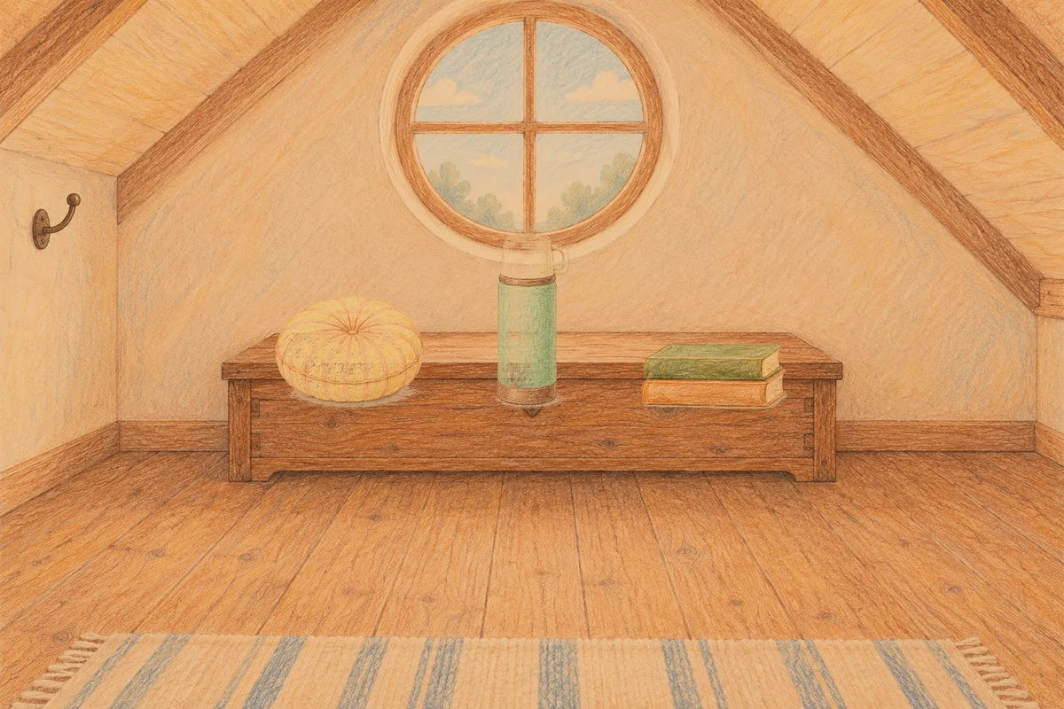 강일동 여성전용 출장 마사지 후기 안내 그림, 저녁의 다락방 나무 궤짝 위에 놓인 둥근 쿠션, 보온병, 책 두 권