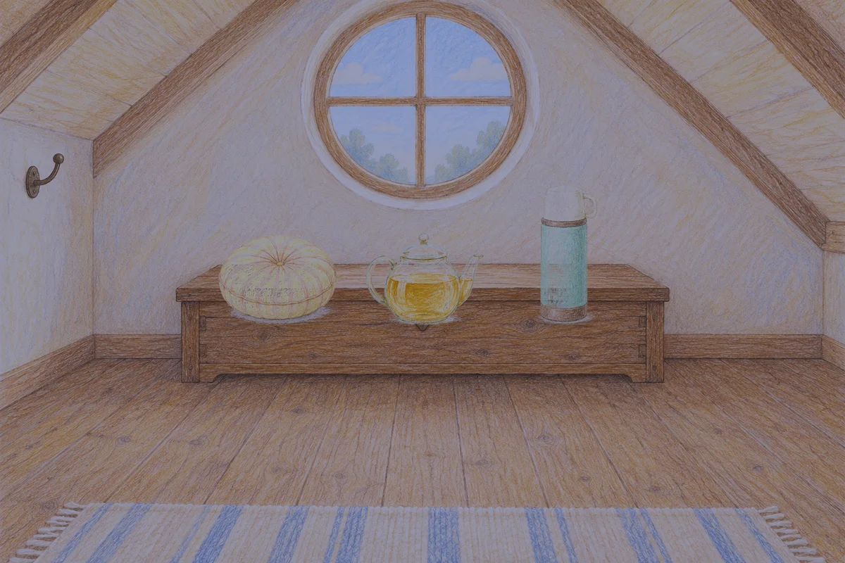 잠실 여성전용 아로마 마사지 안내 그림, 밤의 다락방 나무 궤짝 위에 놓인 둥근 쿠션, 유리 티포트, 보온병