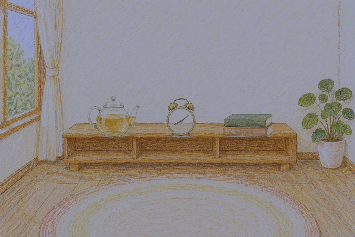 잠실 여성전용 아로마테라피 안내 그림, 밤의 창가 낮은 선반 위에 놓인 유리 티포트, 둥근 알람시계, 책 두 권