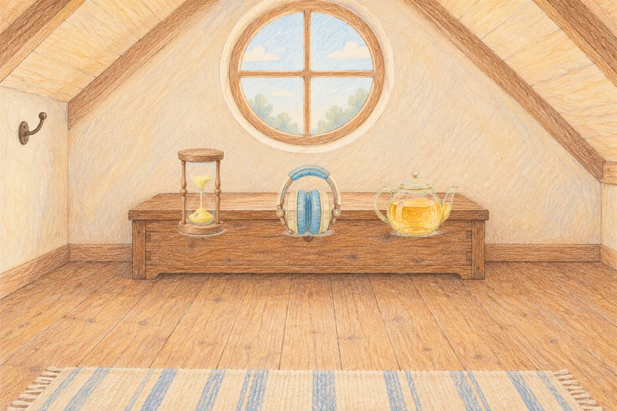 잠실 여성전용 스웨디시 홈케어 안내 그림, 낮의 다락방 나무 궤짝 위에 놓인 모래시계, 헤드폰, 유리 티포트