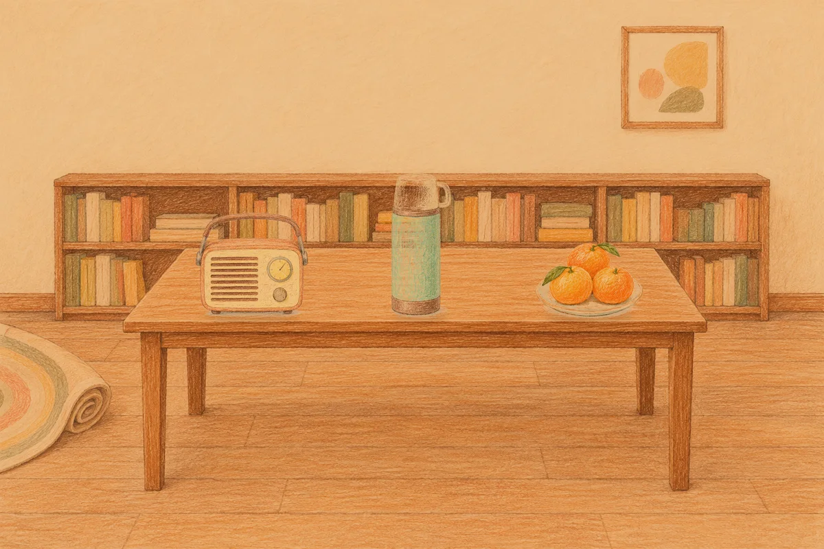 잠실 여성전용 라벤더 아로마 안내 그림, 저녁의 서재 긴 책상 위에 놓인 작은 라디오, 보온병, 귤이 담긴 접시