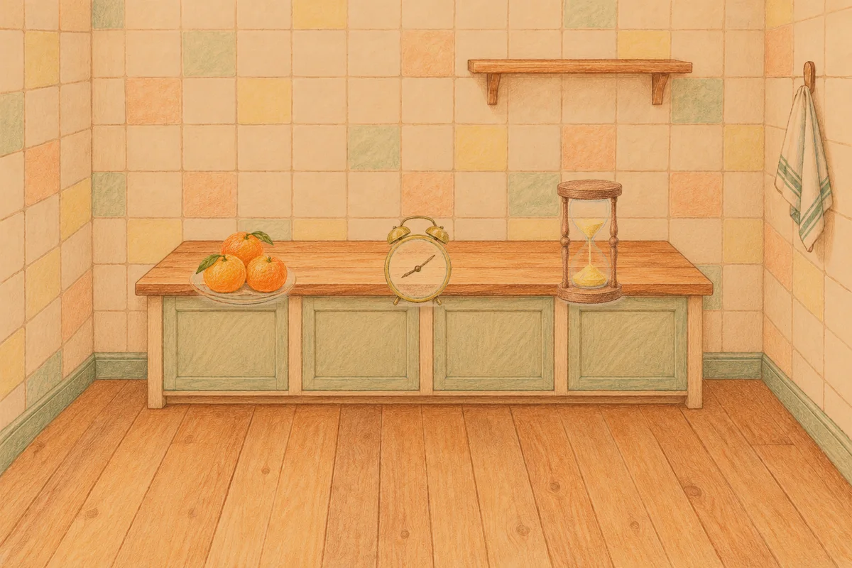 잠실 여성전용 스웨디시 후기 안내 그림, 저녁의 부엌 나무 조리대 위에 놓인 귤이 담긴 접시, 둥근 알람시계, 모래시계