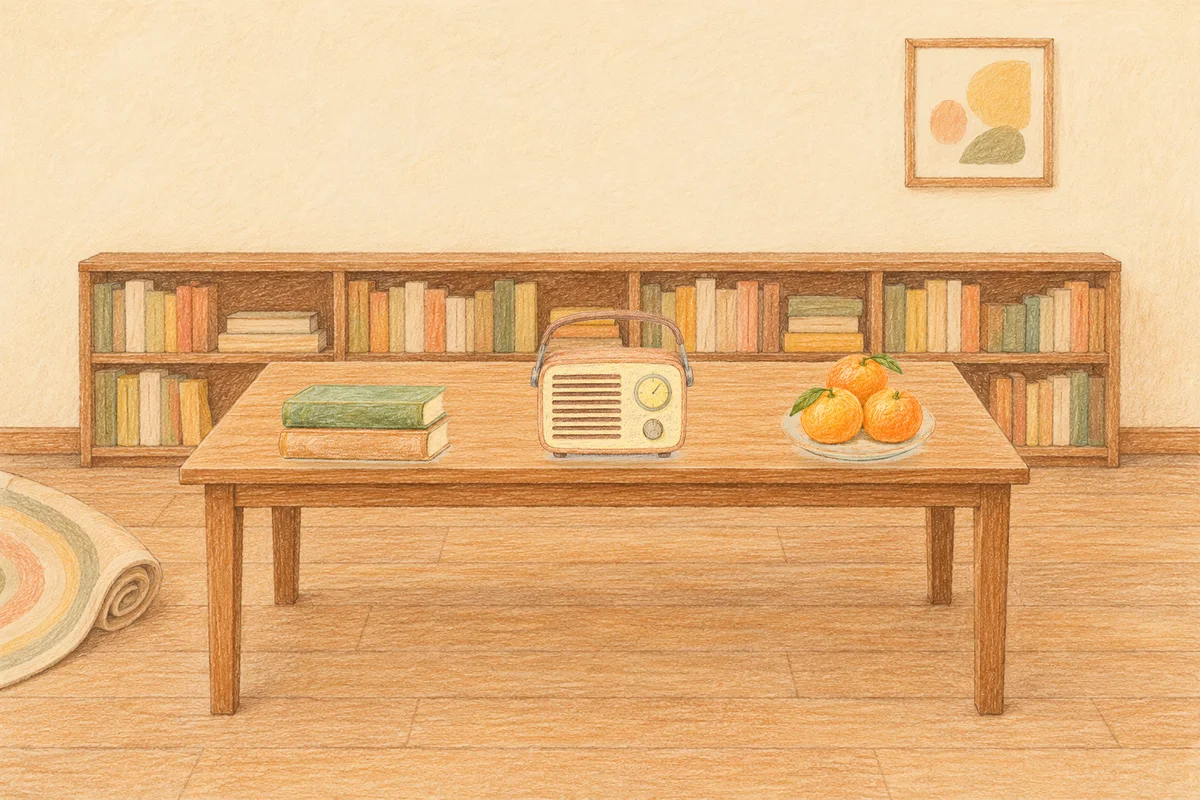 잠실 여성전용 아로마 마사지 후기 안내 그림, 낮의 서재 긴 책상 위에 놓인 책 두 권, 작은 라디오, 귤이 담긴 접시