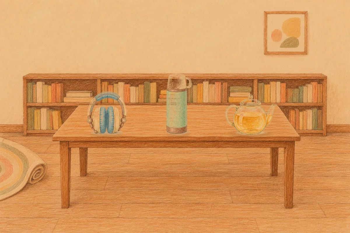 잠실 여성전용 아로마 가격 안내 그림, 저녁의 서재 긴 책상 위에 놓인 헤드폰, 보온병, 유리 티포트