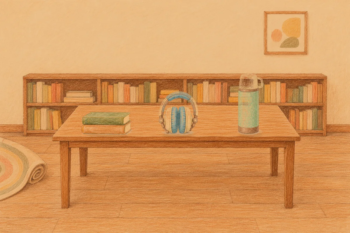 잠실 여성전용 경락 마사지 안내 그림, 저녁의 서재 긴 책상 위에 놓인 책 두 권, 헤드폰, 보온병